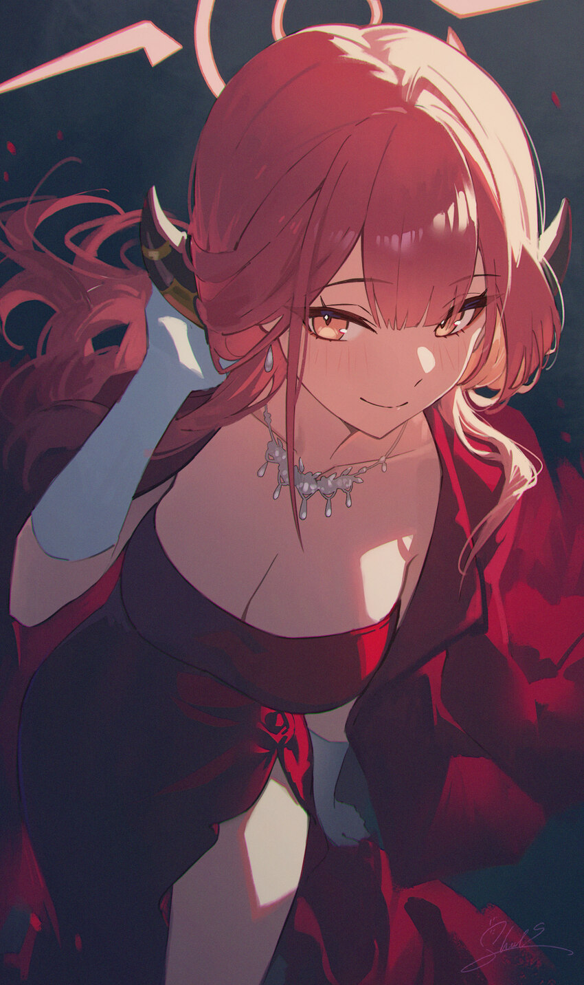 1girl absurdres aru (blue archive) aru (dress) (blue archive) blue archive breasts brown horns chinese commentary cleavage closed mouth coat coat on …