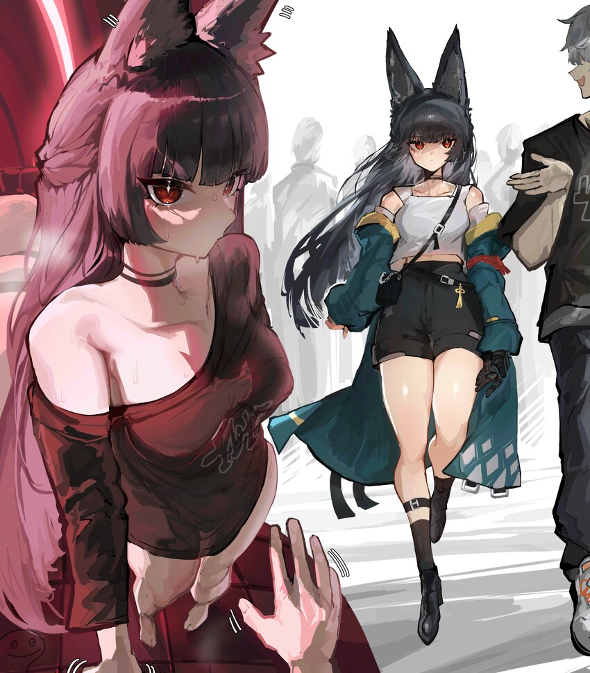 1boy 1girl absurdres animal ear fluff animal ears aqua jacket barefoot black choker black hair black shoes black shorts borrowed clothes breasts chok…