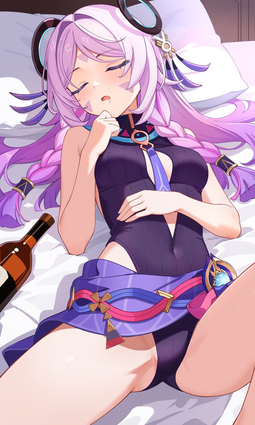 1girl absurdres bare arms bare shoulders bed sheet blush bottle braid breasts citlali (genshin impact) closed eyes collar commentary request covered …