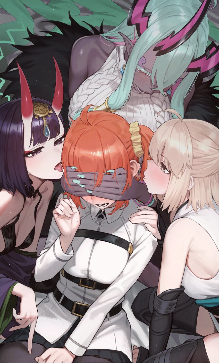 4girls ahoge asmr bare shoulders belt black pantyhose black skirt blush breasts chaldea logo chaldea master uniform chorogon collared shirt colored s…
