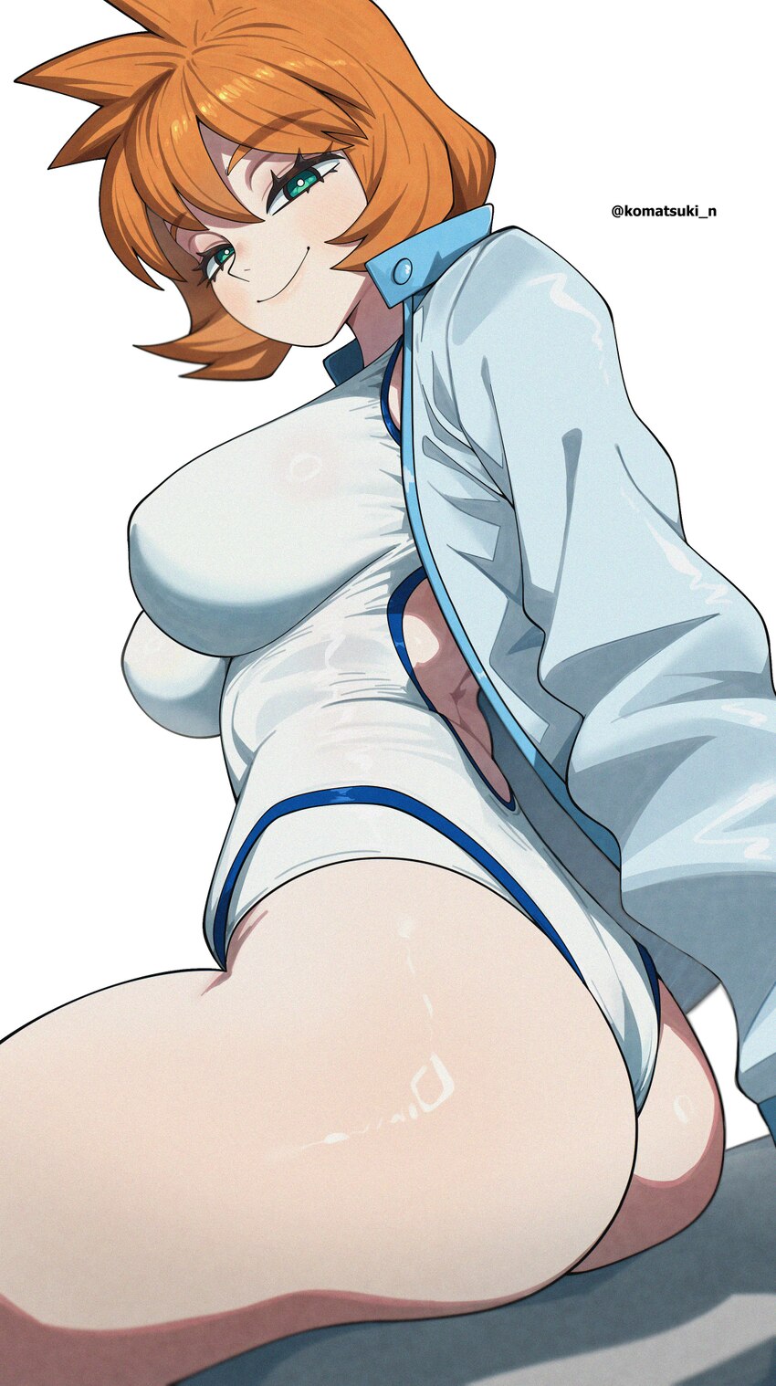 1girl absurdres artist name ass bilingual commentary blue jacket breasts closed mouth commentary request from side green eyes highres jacket komatsuk…