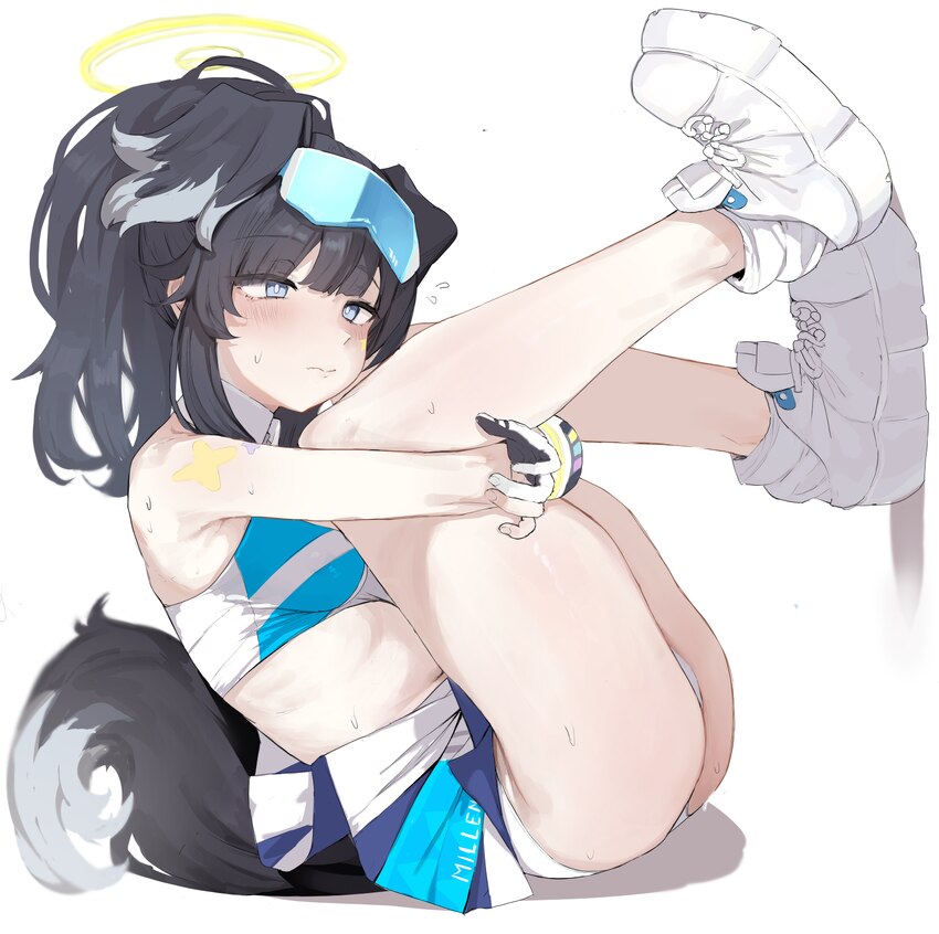 1girl animal ears ass bare shoulders black hair blue archive blue eyes blue skirt blue sports bra blush closed mouth collar commentary request dog ea…