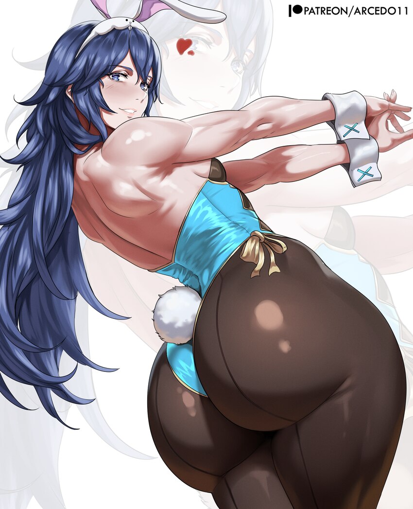 1girl absurdres animal ears arcedo ass bare arms bare back blue eyes blue hair blue leotard brand of the exalt breasts commentary cowboy shot detache…