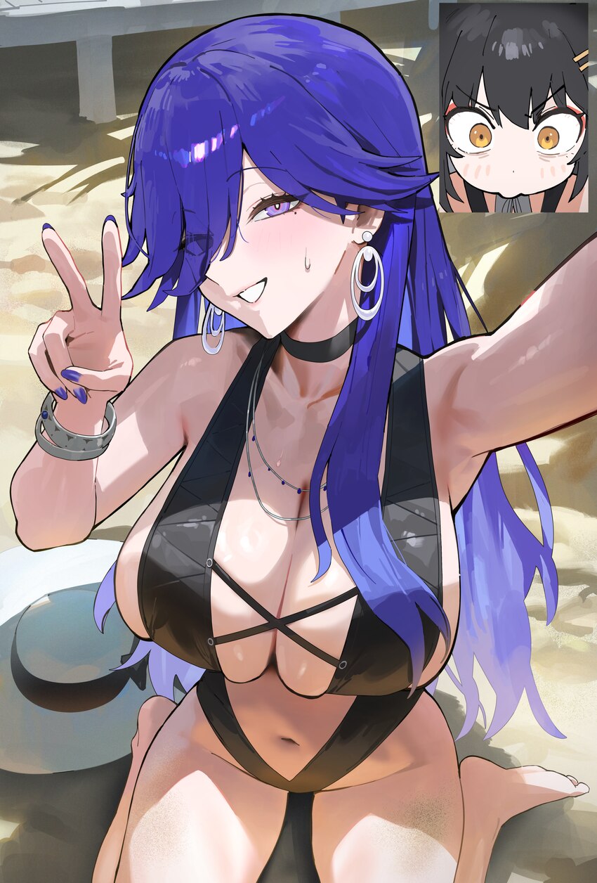 2girls absurdres alternate costume arm up bangle barefoot black hair black slingshot swimsuit bracelet breasts cleavage collarbone commentary earring…