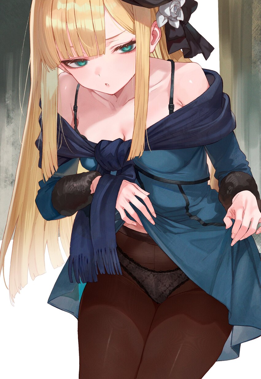 1girl absurdres armpit crease black bra black hat blonde hair blue eyes blunt ends bra bra strap breasts brown pantyhose cleavage collarbone fate/gra…