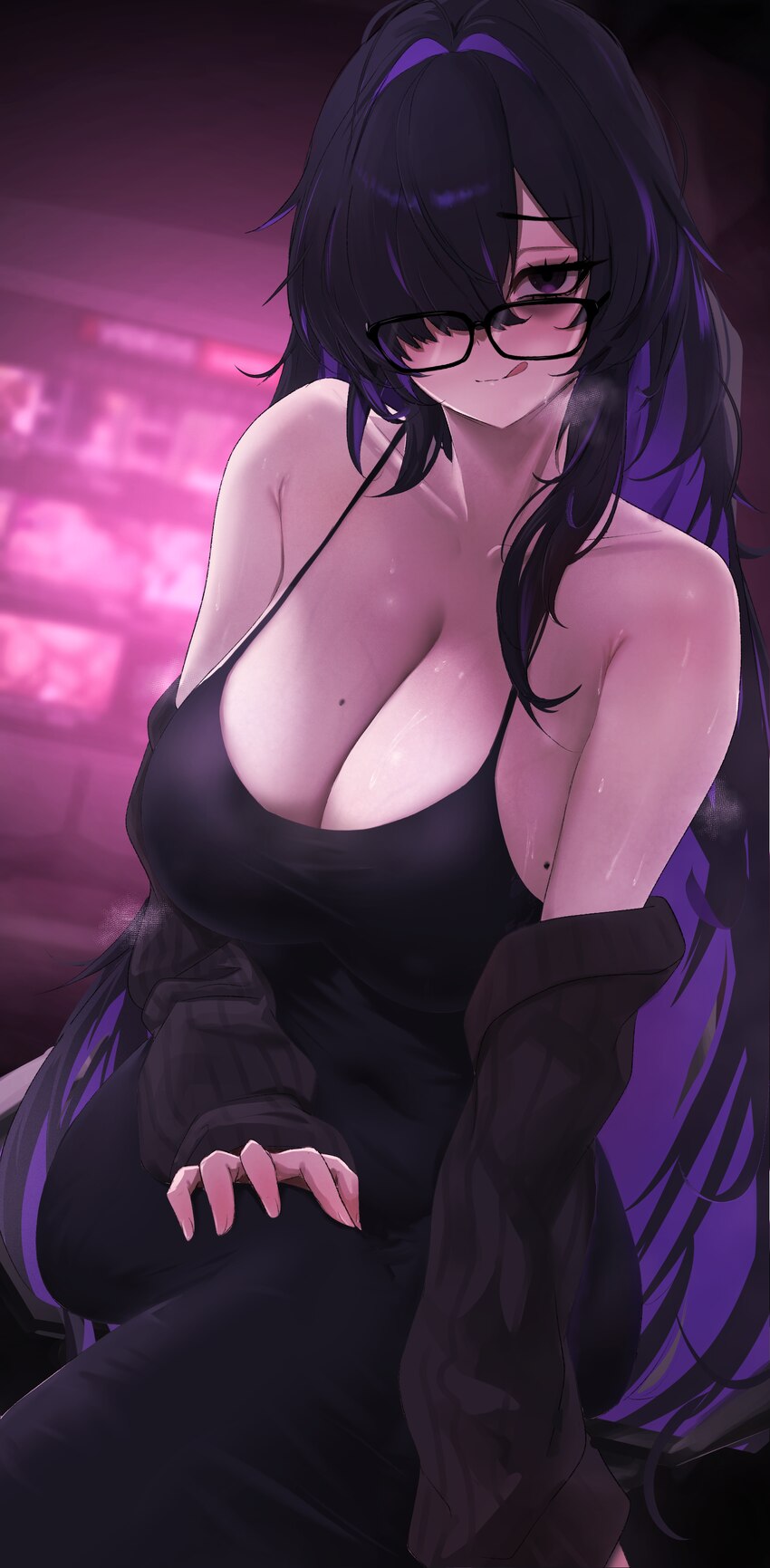 1girl absurdres bare shoulders black dress black hair black sweater breasts cleavage commentary curvy dress glasses goddess of victory  nikke highres…