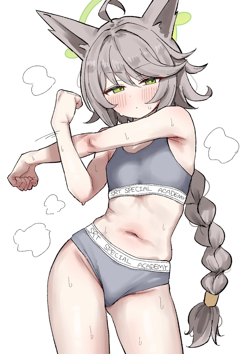 1girl ahoge animal ear fluff animal ears blue archive blush bra braid breasts brown hair commentary request fox ears fox girl green eyes green halo g…