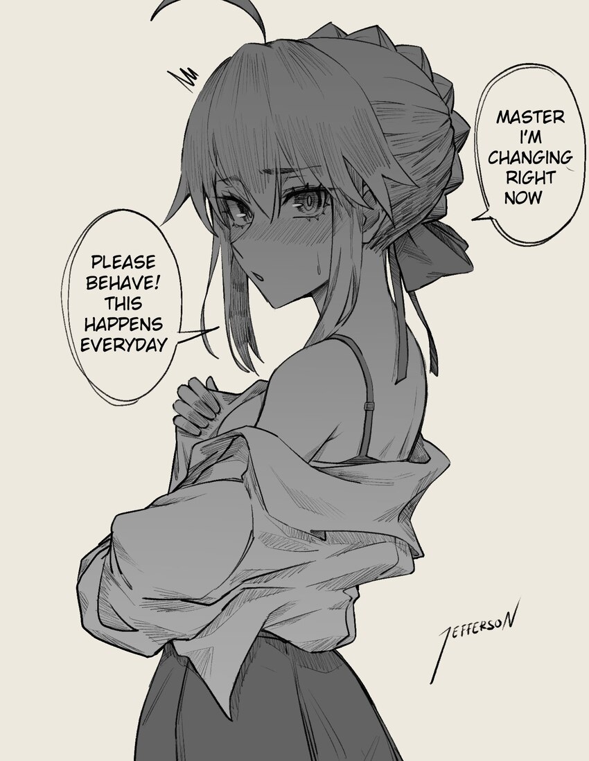1girl ahoge artoria pendragon (fate) bow bra braid braided bun breasts commentary dress english commentary english text fate/grand order fate/stay ni…