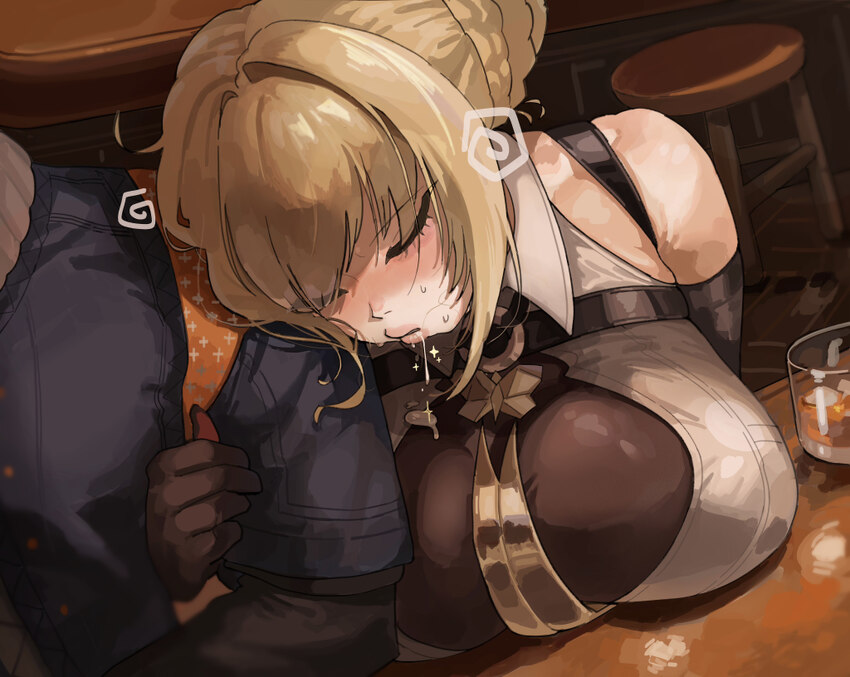 1boy 1girl absurdres arm hug bar stool black gloves blonde hair blue jacket breast rest breasts chest harness closed eyes commentary request cup dodd…