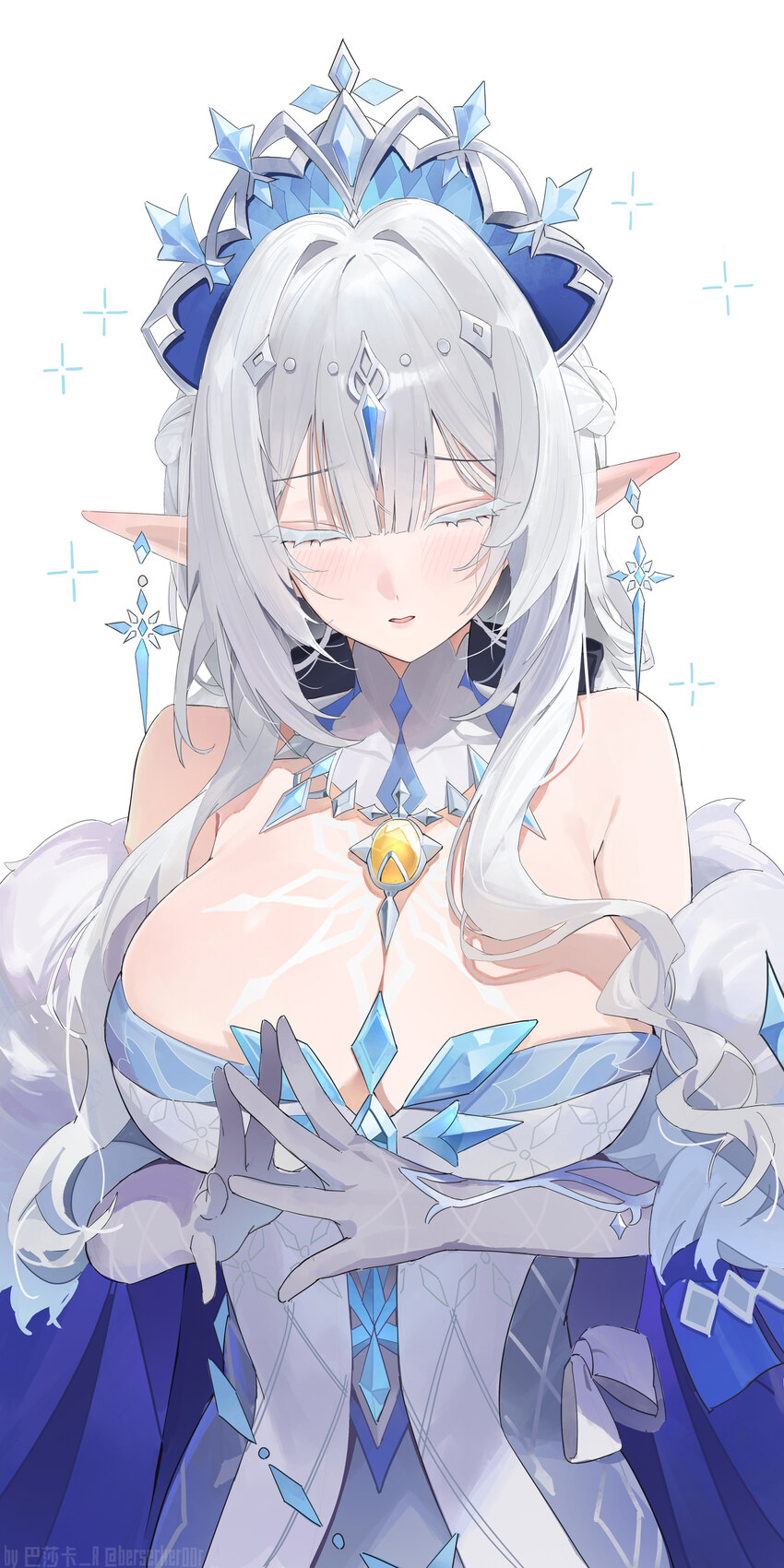 1girl absurdres anastasya feodorovna snezhnaya bare shoulders berserker r blue robe blue tiara breasts chinese commentary cleavage closed eyes colore…