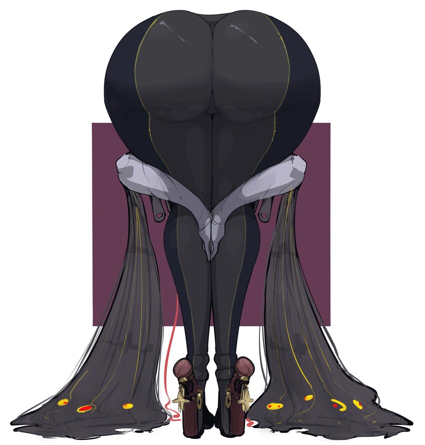 1girl amen pose (meme) ass bayonetta bayonetta (series) bayonetta 1 bent over black bodysuit black hair black shoes bodysuit commentary elbow gloves …