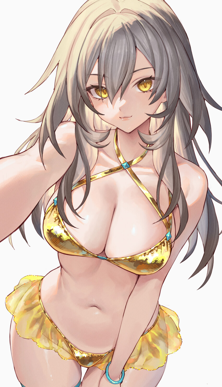 1girl alternate costume bare arms bare shoulders bikini bracelet breasts cleavage closed mouth commentary criss-cross halter dot nose ellireii gold b…
