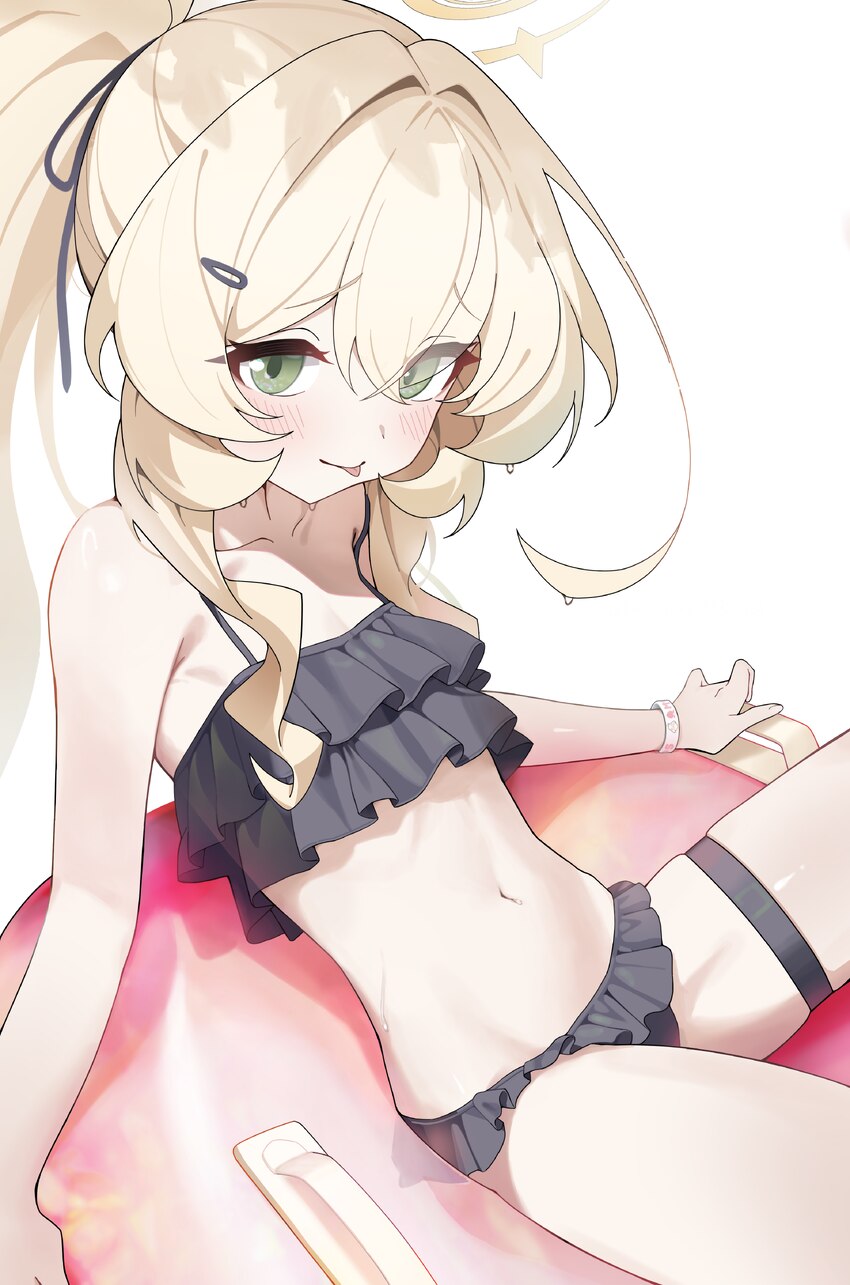 1girl absurdres bikini black bikini blonde hair blue archive commentary fluffy hair frilled bikini frills green eyes hair intakes halo highres innert…