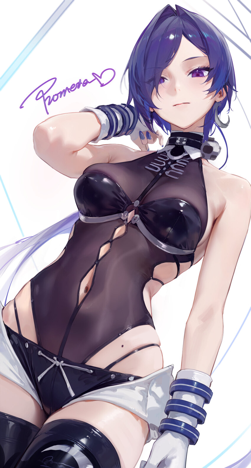 1girl absurdres arm up bare shoulders black leotard breasts character name chinese commentary closed mouth clothing cutout commentary request far sid…