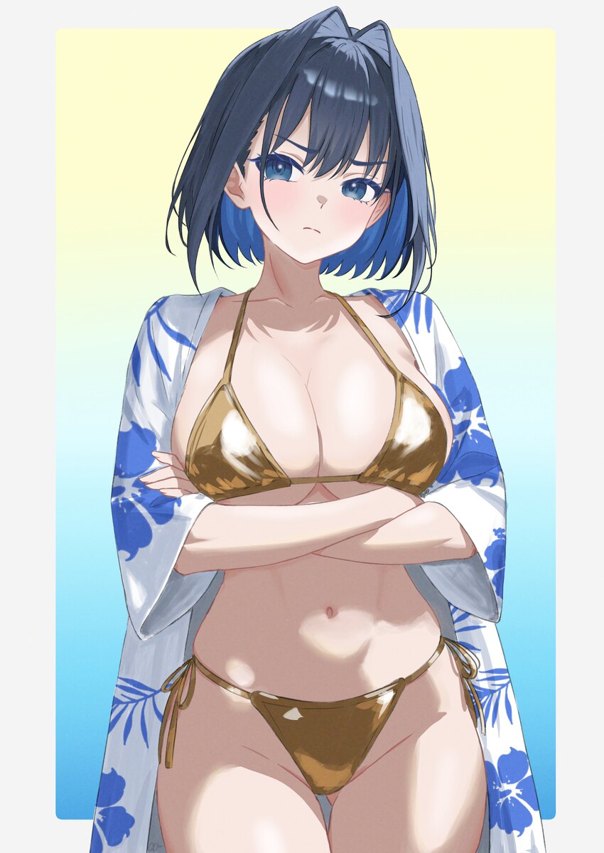1girl absurdres alternate costume arms under breasts ass visible through thighs bikini blue eyes blue hair border breasts cleavage closed mouth comme…