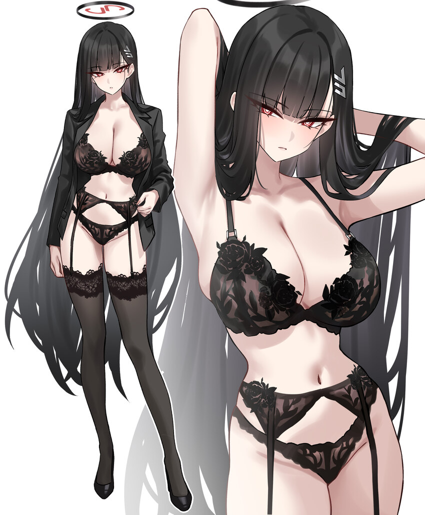 1girl absurdres armpits arms behind head black bra black hair black halo black panties black thighhighs blue archive bra breasts cleavage closed mout…