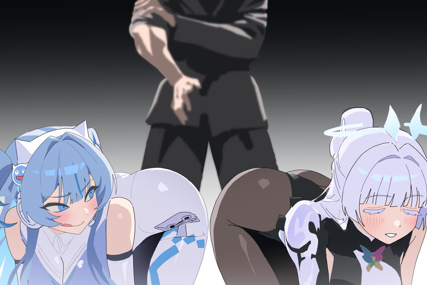 1boy 2girls absurdres all fours animal ear headphones animal ears black pants black pantyhose black shirt blue eyes blue hair blush bodysuit breasts …