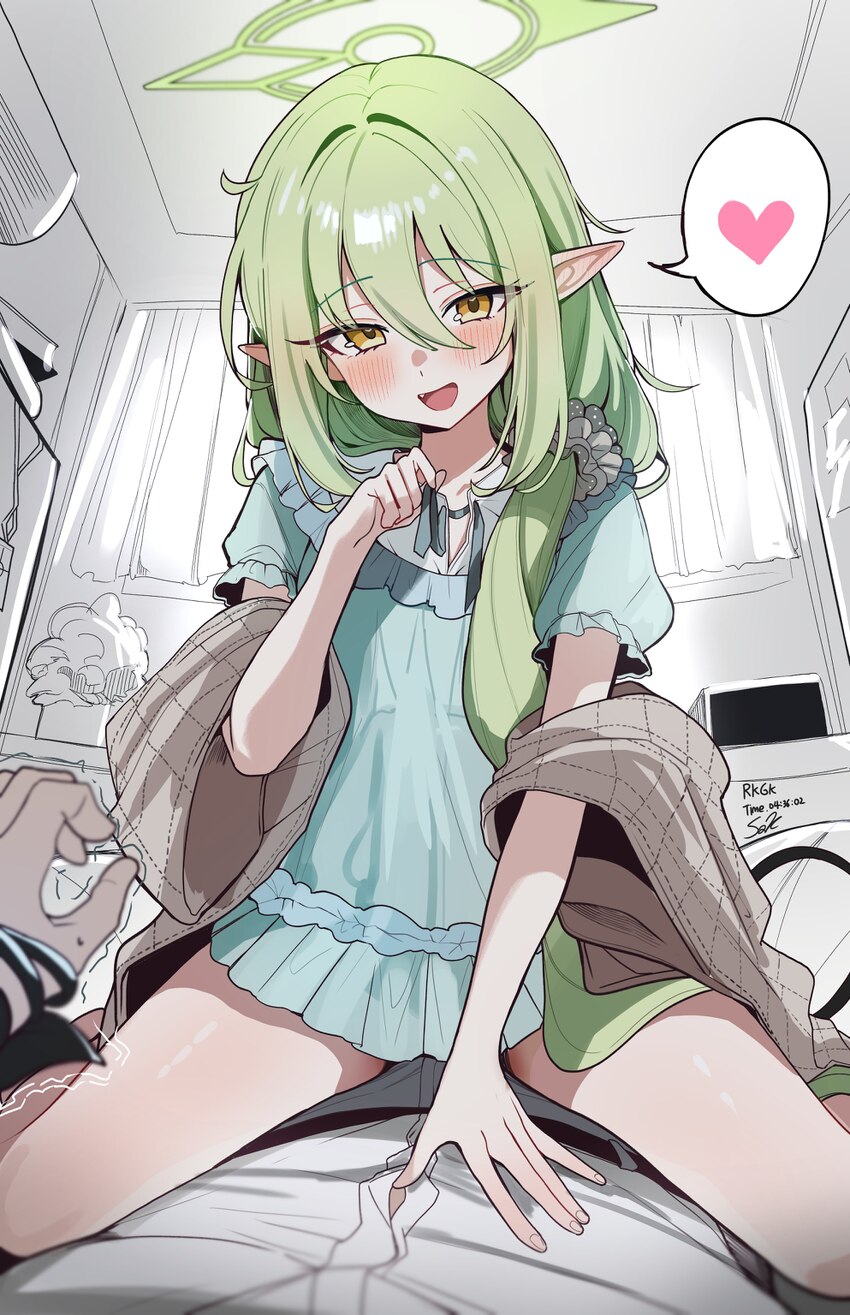 1boy 1girl absurdres artist name black tail blue archive blush commentary request curtains demon tail fang girl on top green halo hair between eyes h…