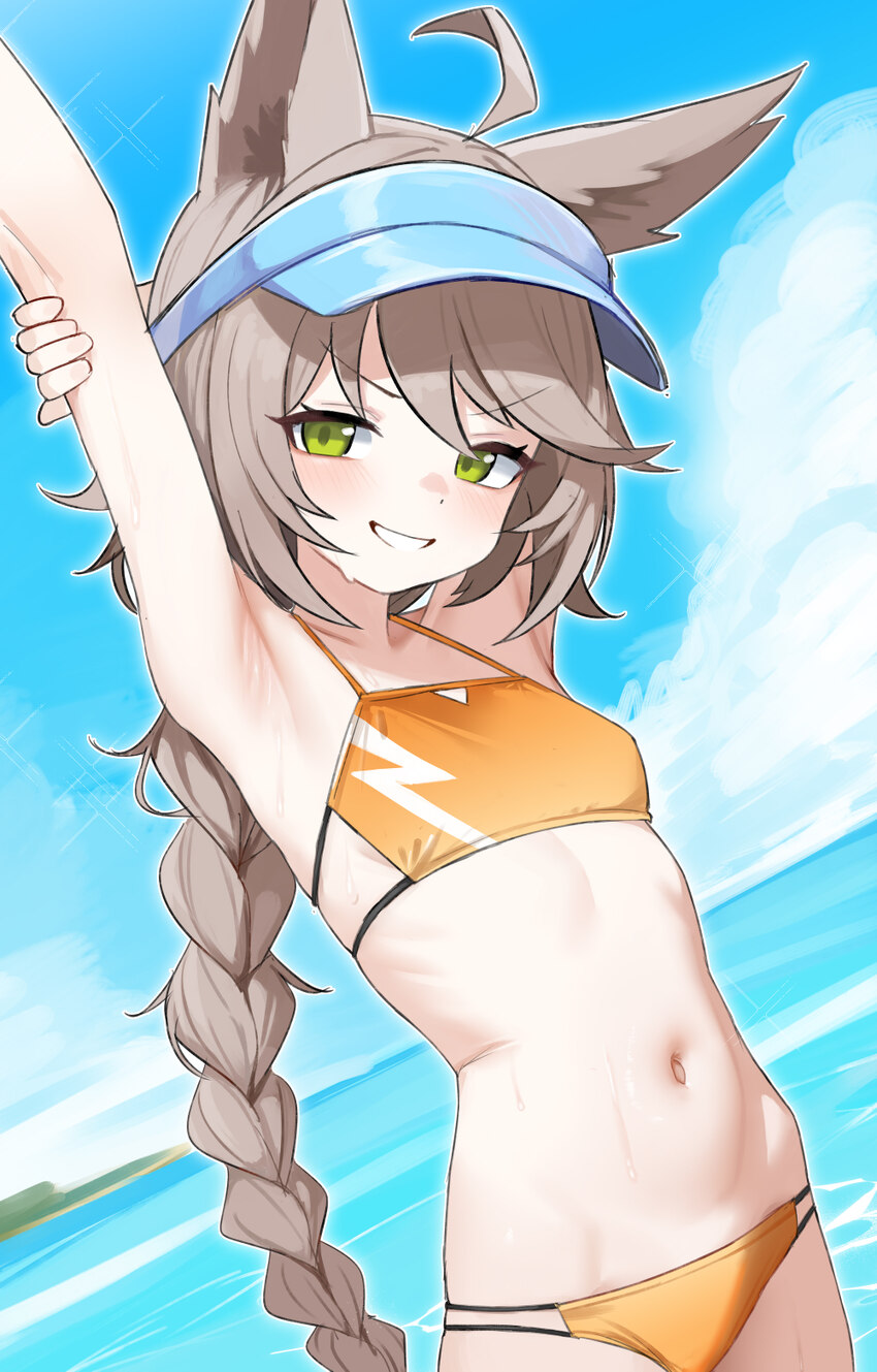 1girl absurdres ahoge animal ear fluff animal ears arm behind head arm up armpits bikini blue archive blue sky braid breasts brown hair cloud day dut…