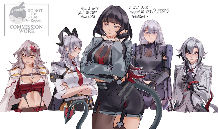 5girls ak-15 (girls frontline) aragiken arlecchino (genshin impact) armor arms behind back black eyes black hair black hands black horns blush breast…