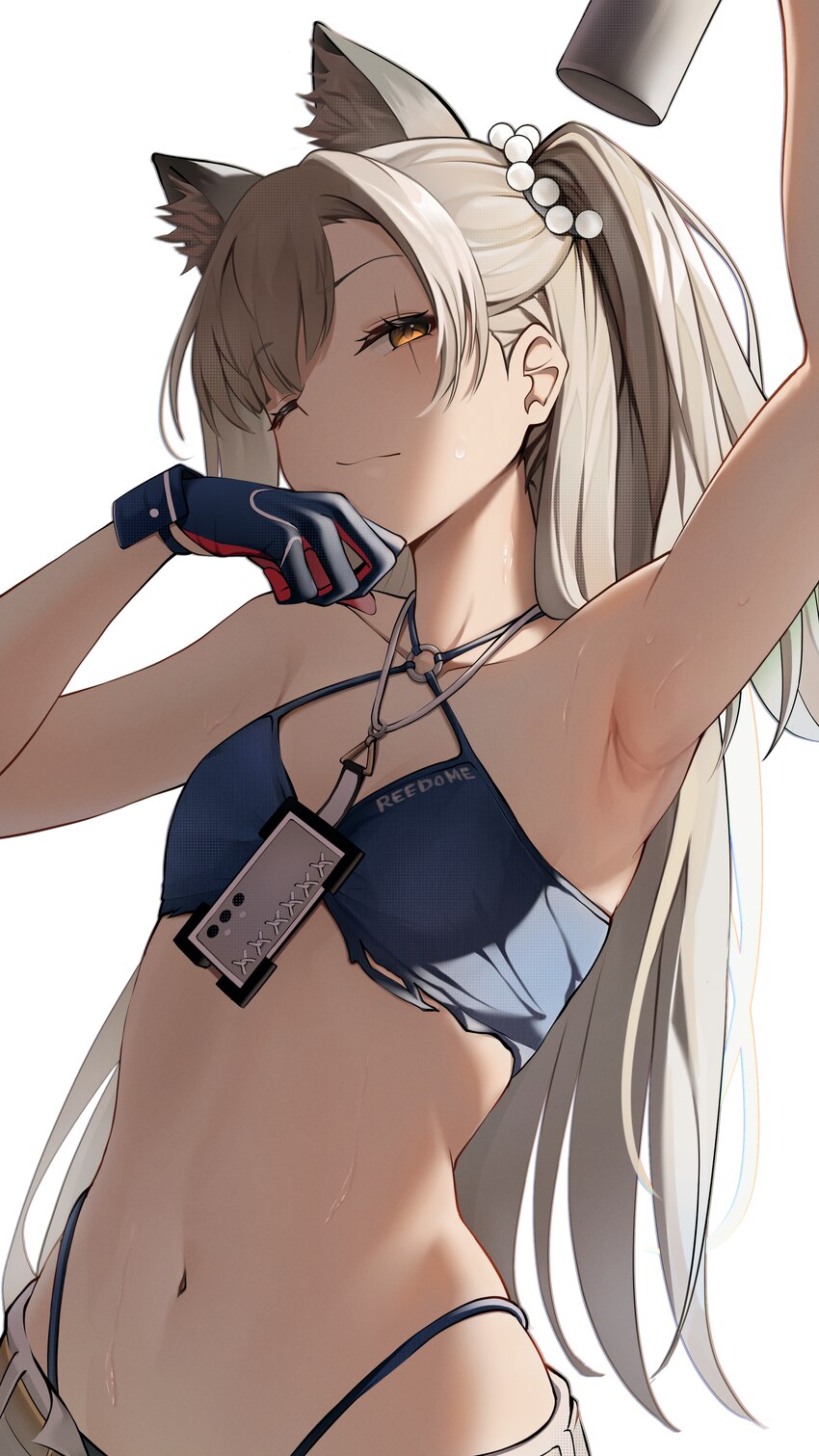 1girl  3 absurdres animal ear fluff animal ears arm up armpits belt bikini blue bikini blue gloves collarbone commentary request criss-cross halter e…
