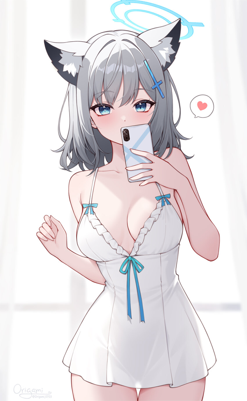 1girl absurdres animal ear fluff animal ears blue archive blue eyes blue halo breasts camisole commentary cowboy shot cross grey hair halo heart high…