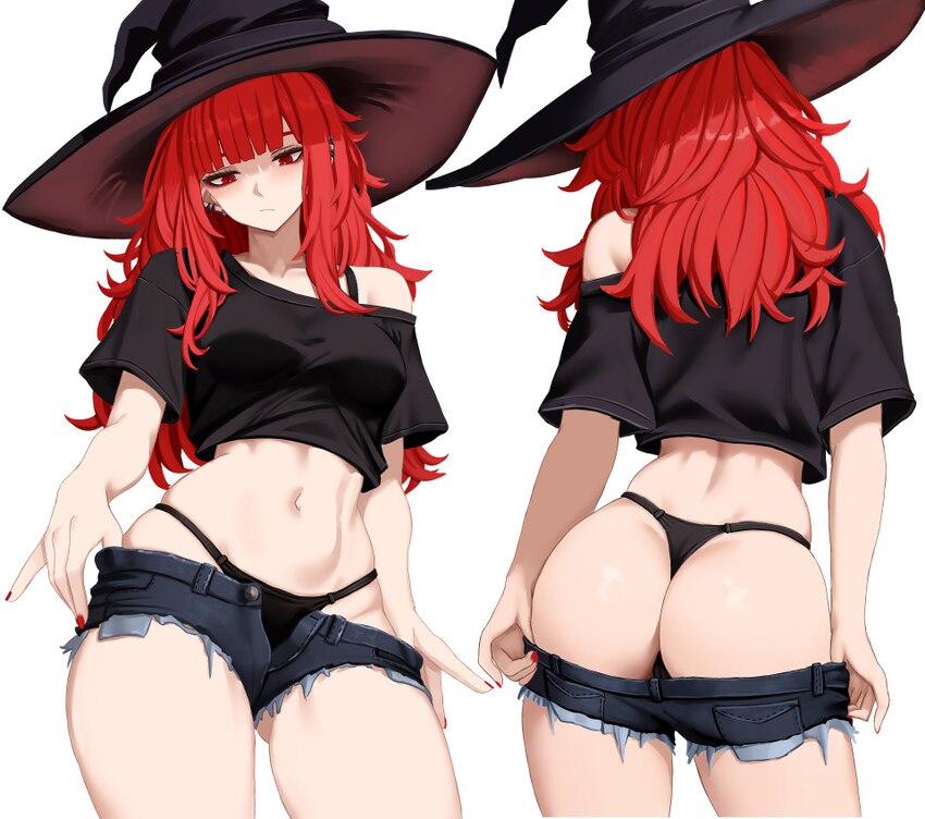 1girl ass ass visible through thighs black hat black panties black shirt blue shorts bra strap breasts clothes pull commentary cowboy shot crop top c…
