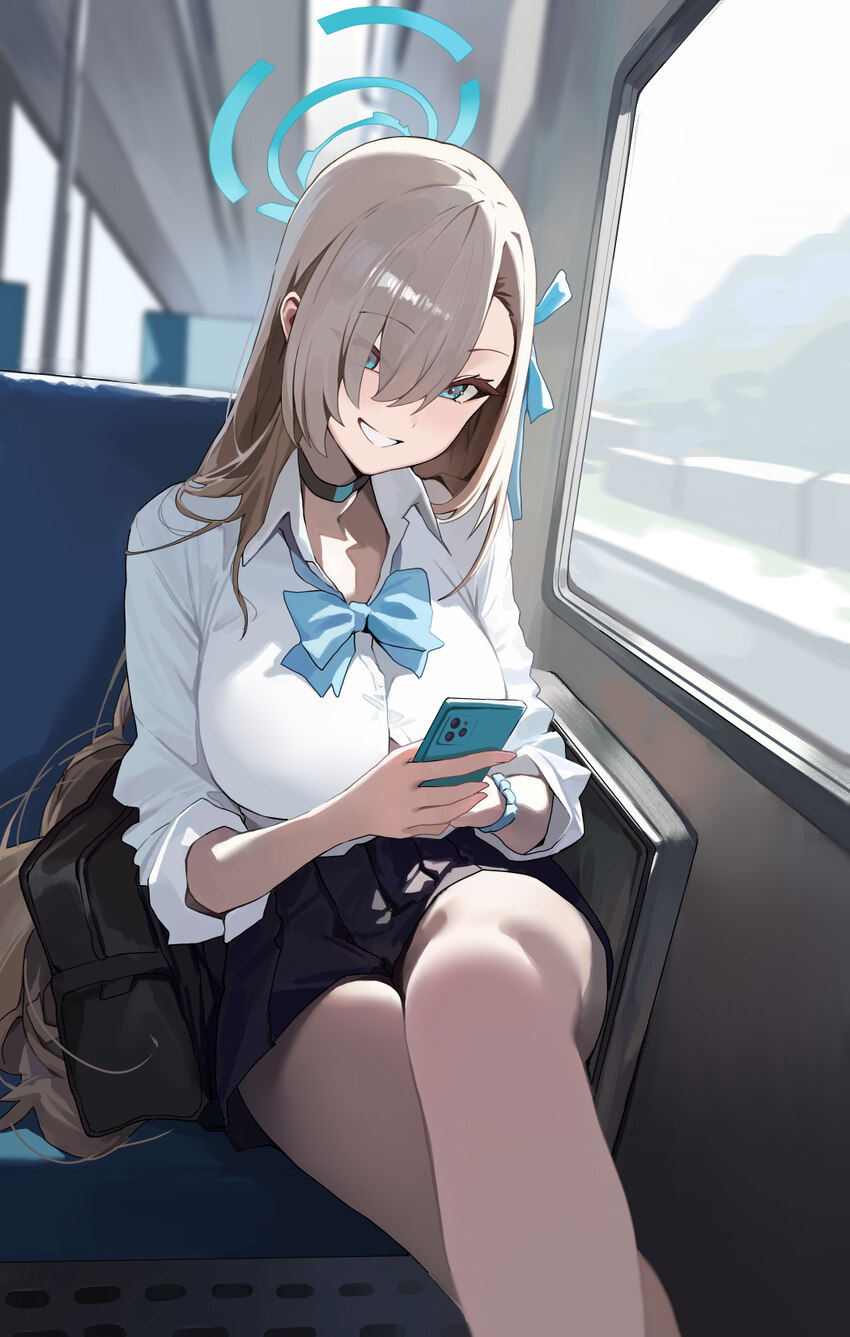1girl absurdres asuna (blue archive) asuna (school uniform) (blue archive) asymmetrical bangs bag bare legs black bag black choker black skirt blue a…