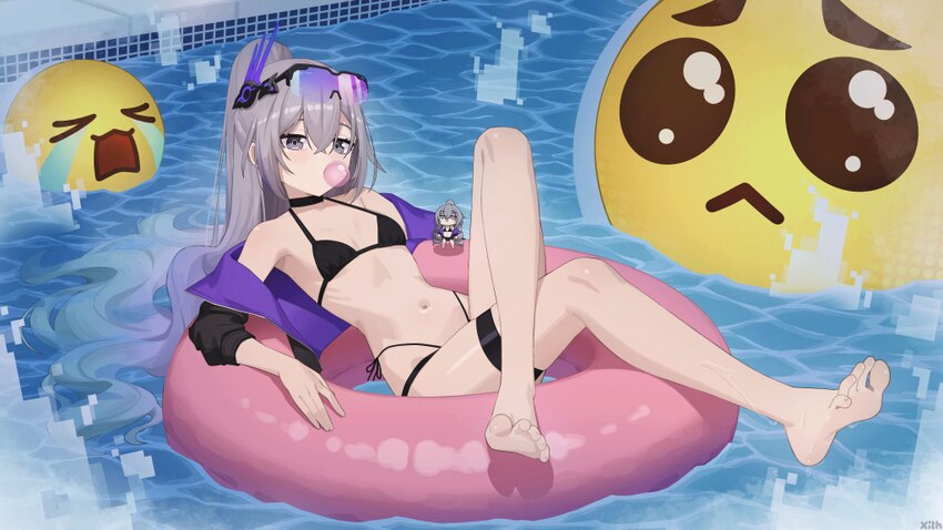 1girl absurdres armpits barefoot chewing gum collarbone crossed legs emoji feet highres honkai (series) honkai  star rail knee up legs long hair look…