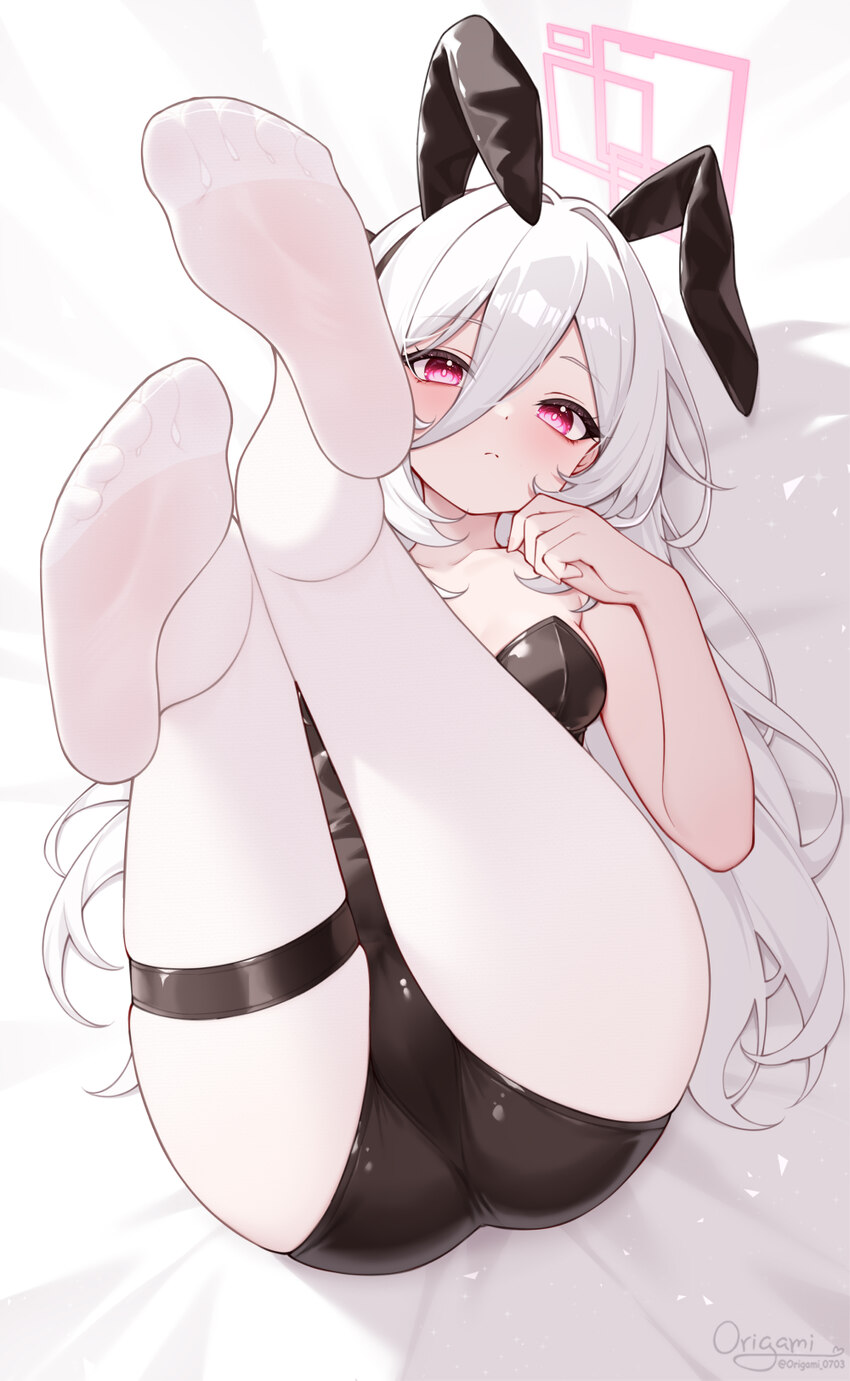 1girl absurdres alternate costume animal ear hairband animal ears black leotard blue archive breasts closed mouth commentary fake animal ears feet fo…