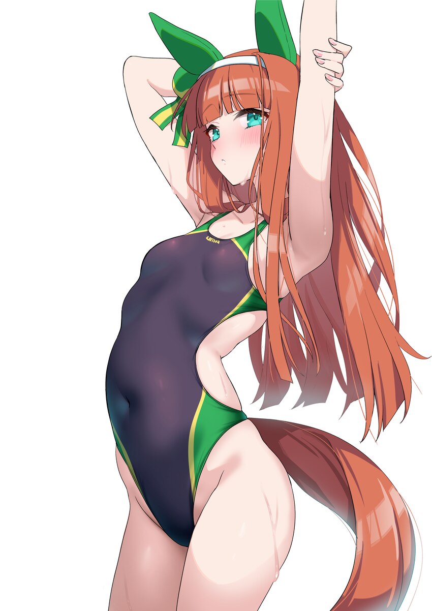 1girl absurdres animal ears aqua eyes arms up black one-piece swimsuit blunt bangs blush breasts competition swimsuit covered navel ear covers hair o…