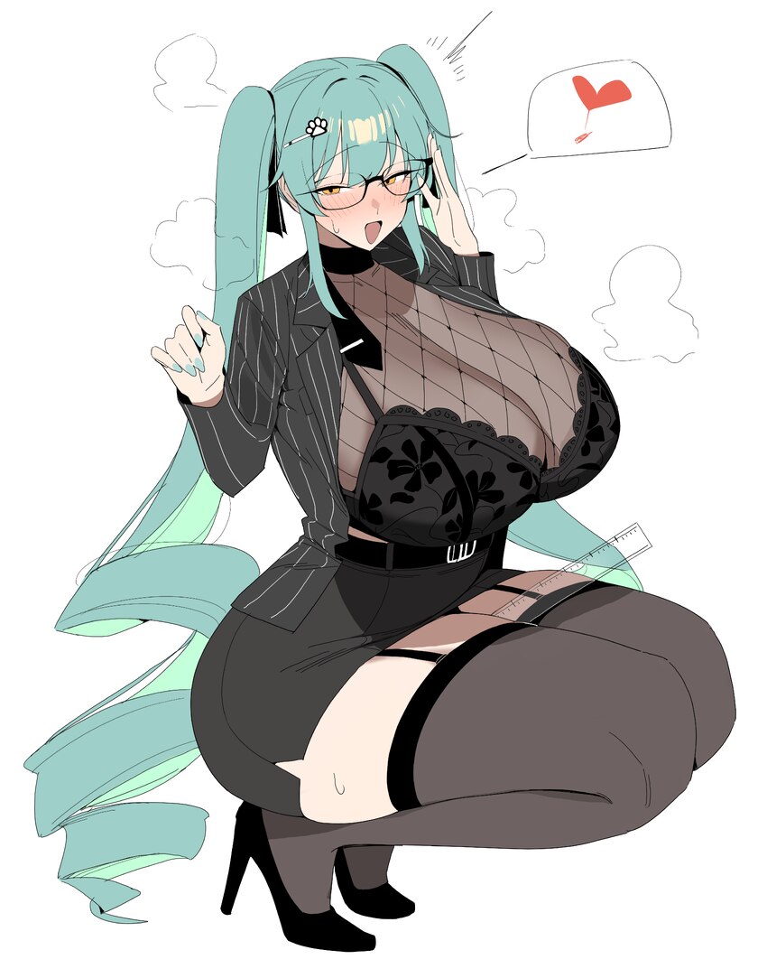 1girl absurdres adjusting eyewear belt black bra black garter straps blue hair bra breasts commentary fishnet top fishnets garter straps glasses godd…