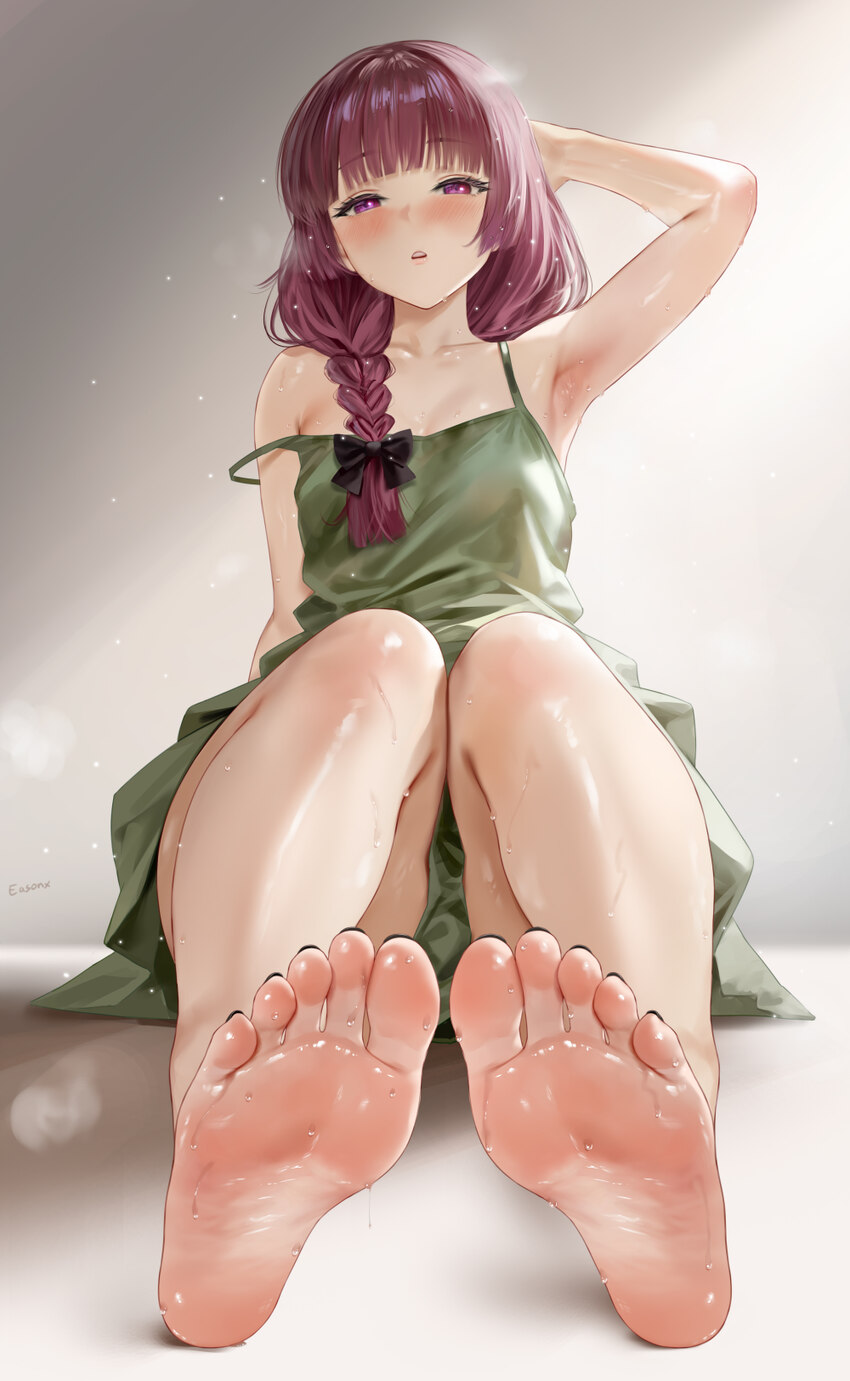 1girl absurdres arm behind head arm up armpits artist name bare arms bare legs bare shoulders barefoot black nails blunt bangs blush bocchi the rock!…