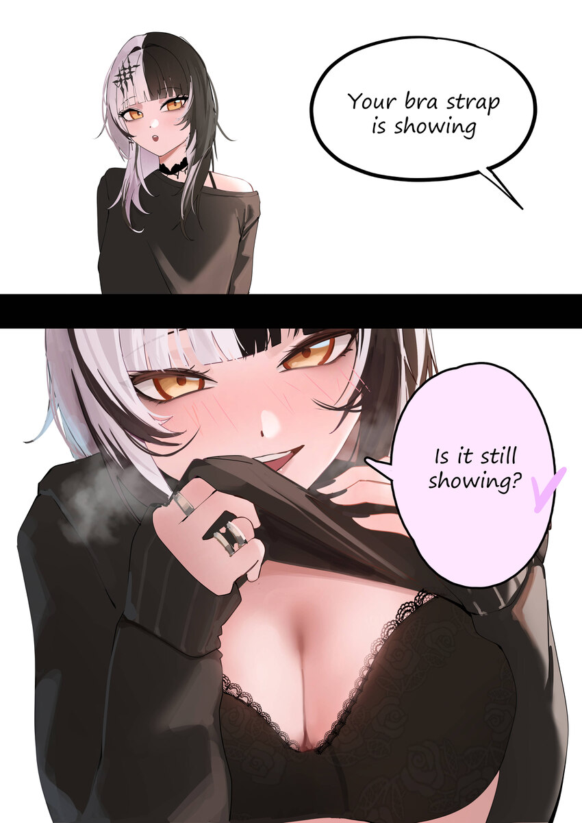1girl  o absurdres black bra black choker black hair black sweater blunt bangs bra bra strap breasts breath choker cleavage clothes lift colored spee…