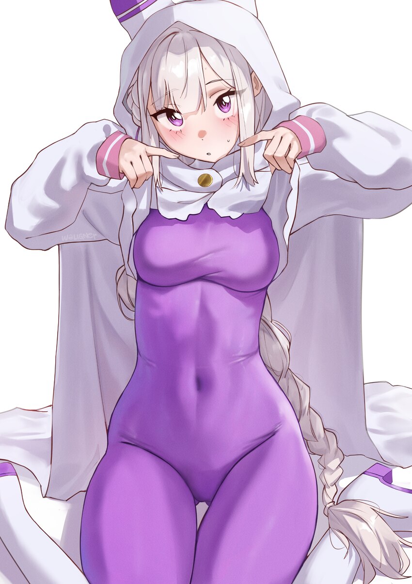 1girl absurdres bodysuit breasts cloak cloak lift commentary covered navel emilia (re zero) english commentary highres impossible bodysuit impossible…