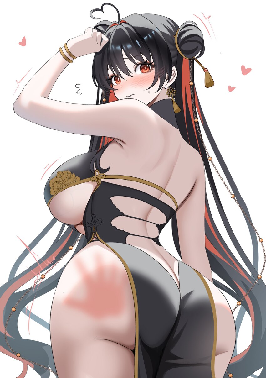 1girl absurdres ahoge ass black dress black hair blush breasts butt crack chinese clothes commentary double bun dress english commentary from behind …