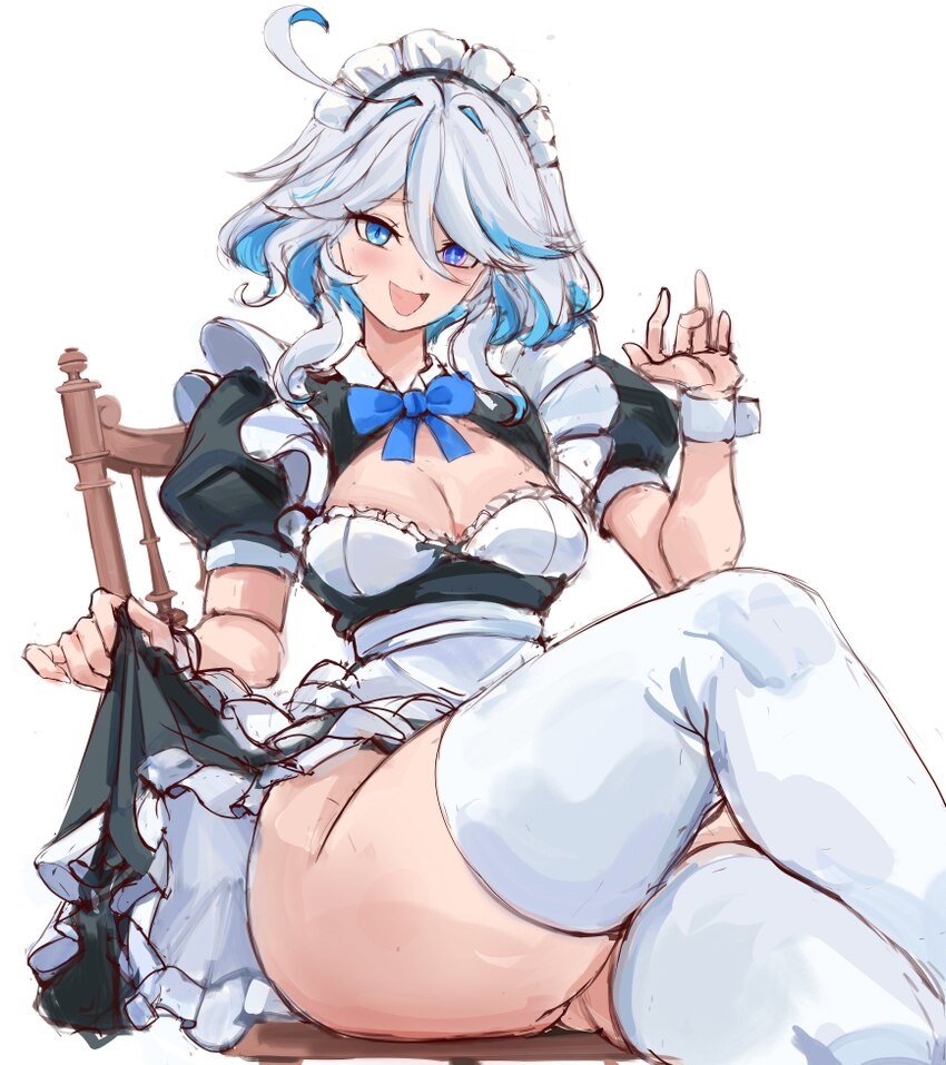 1girl absurdres ahoge apron black dress blue eyes blue hair breasts cleavage clothes lift commentary crossed legs dress dress lift drop-shaped pupils…