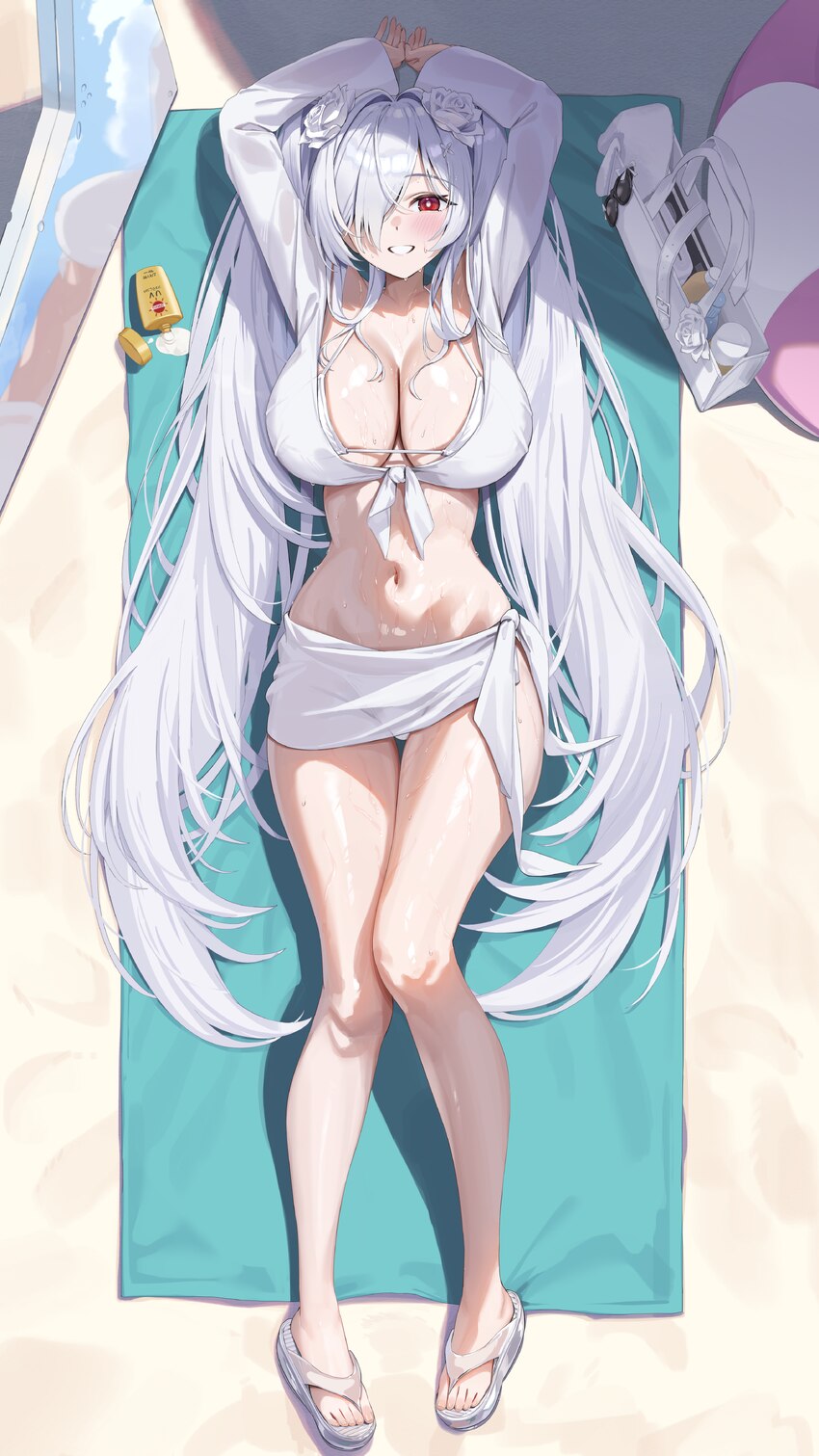 1girl absurdres arms up bag ball beach towel beachball bikini blush breasts cinderella (crystal wave) (nikke) cinderella (nikke) cleavage commentary …