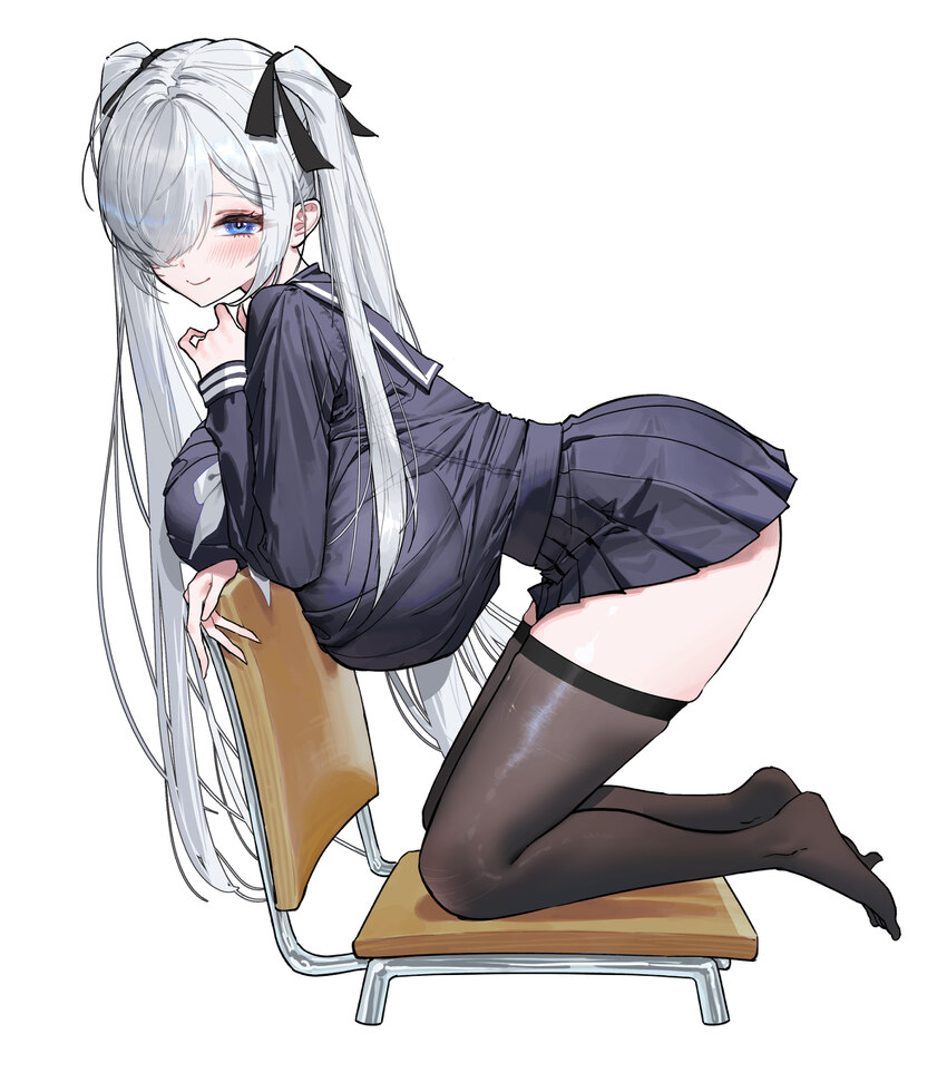 1girl absurdres alternate costume black ribbon black thighhighs blue eyes breasts chair cinderella (nikke) commentary goddess of victory  nikke hair …