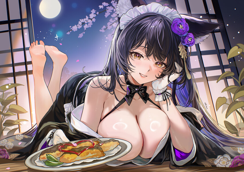 1girl absurdres animal ear fluff animal ears ariko (aaaaarik) arm support azur lane bare shoulders barefoot black hair black kimono blush breasts cle…