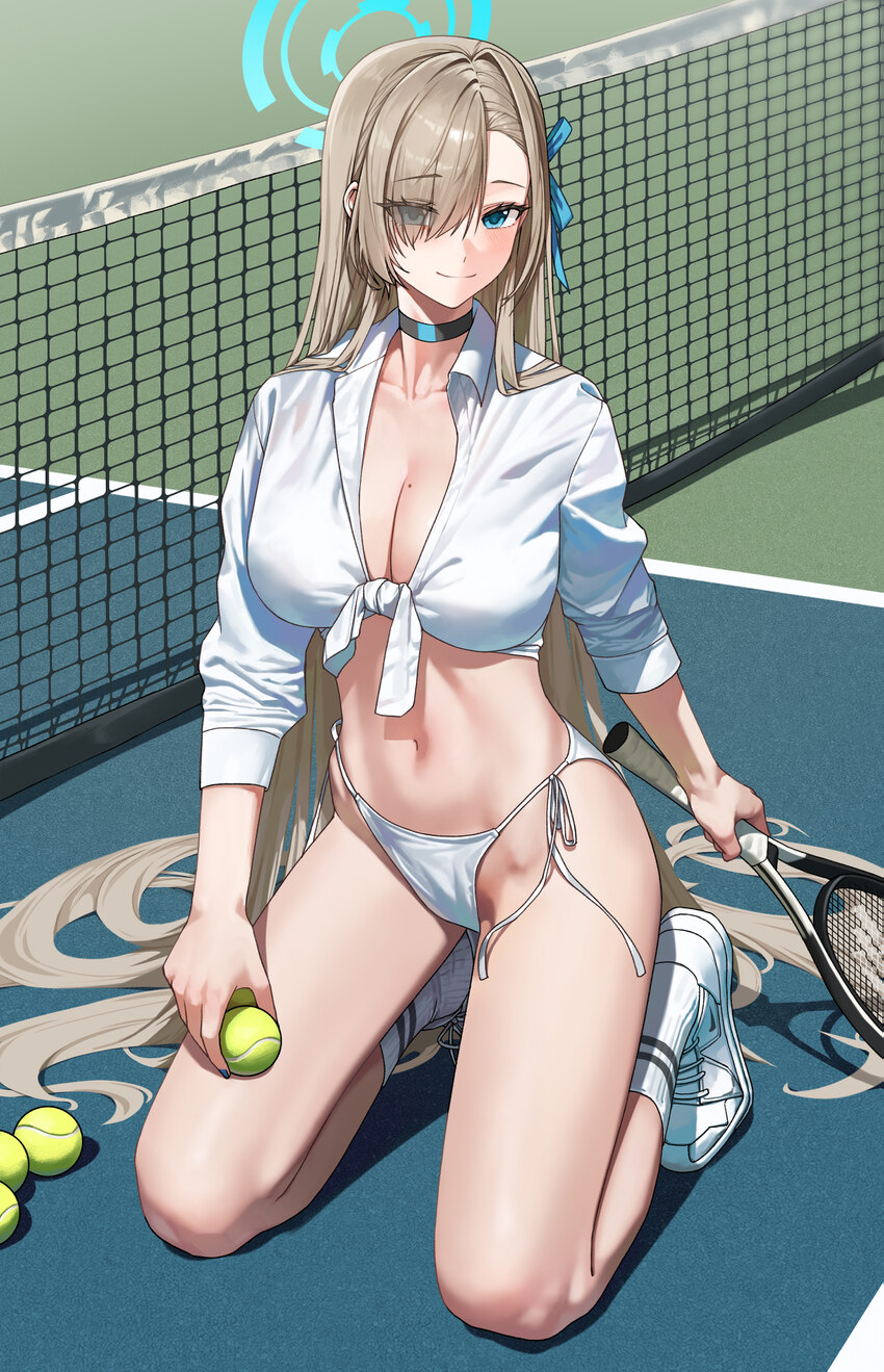 1girl absurdres alfie (tmdals7645) asuna (blue archive) ball black choker blonde hair blue archive blue eyes blue halo breasts choker commentary requ…