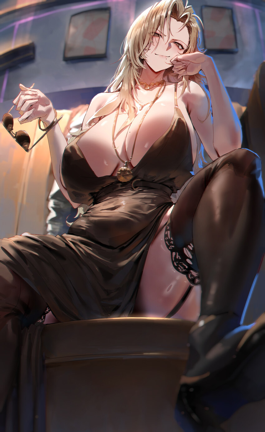 1girl absurdres bare arms bare shoulders black dress black thighhighs blonde hair blush bracelet breasts closed mouth commentary dated commentary dre…