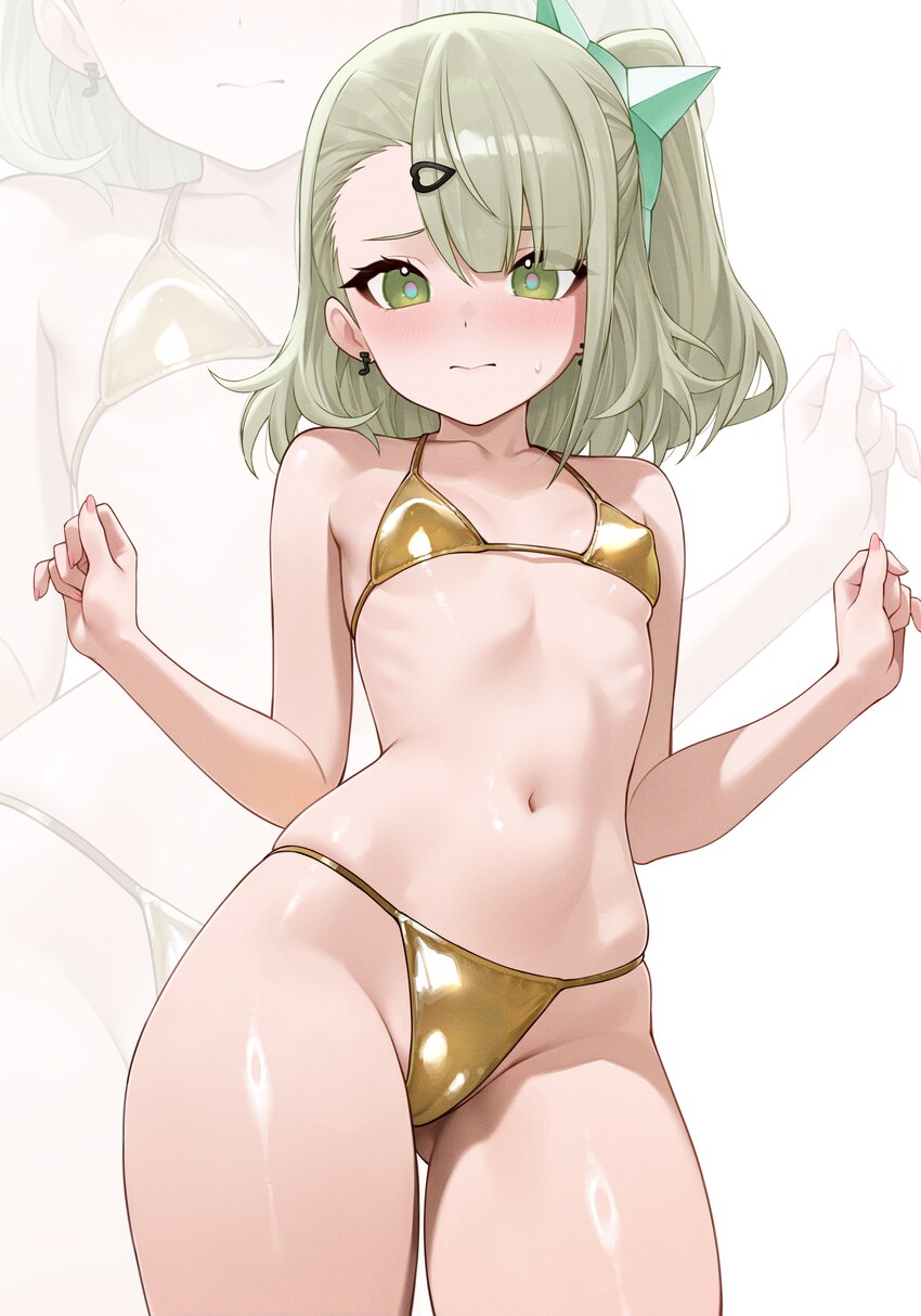 1girl absurdres alternate costume ass visible through thighs bare shoulders bikini blush breasts closed mouth commentary covered nipples earrings gol…