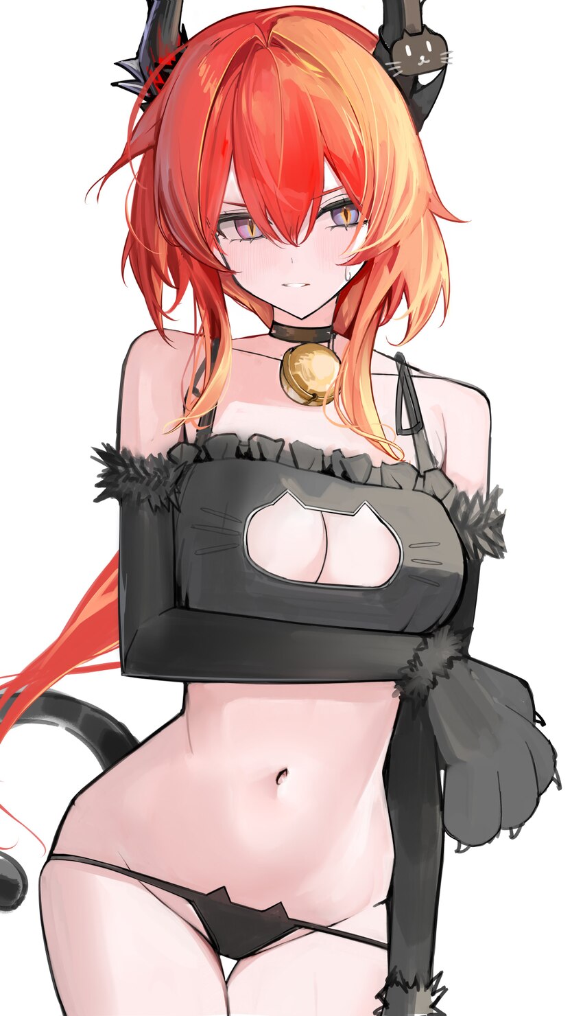 1girl absurdres animal hands arknights arknights  endfield arm under breasts bell black horns breasts cat ear panties cat tail cleavage cleavage cuto…