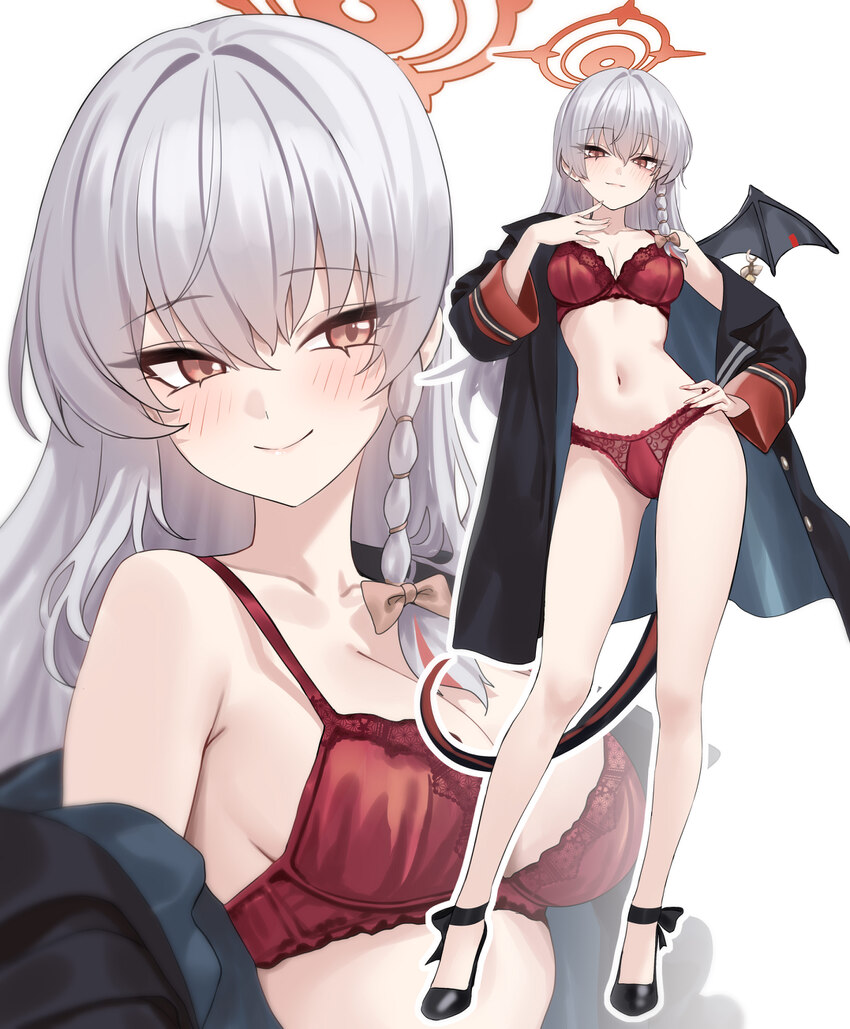 1girl absurdres black coat blue archive bow bra breasts closed mouth coat commentary full body hair bow hair ornament halo hand on own hip hand up ha…