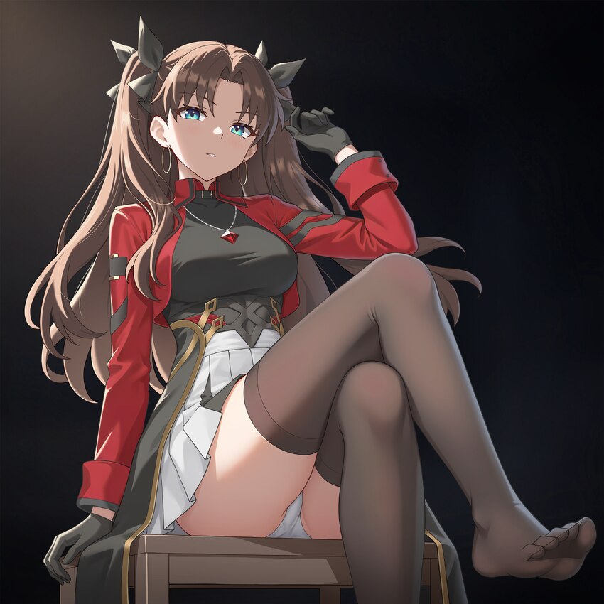 1girl absurdres bilingual commentary black gloves black hair black shirt black thighhighs blue eyes breasts commentary earrings fate/stay night fate/…