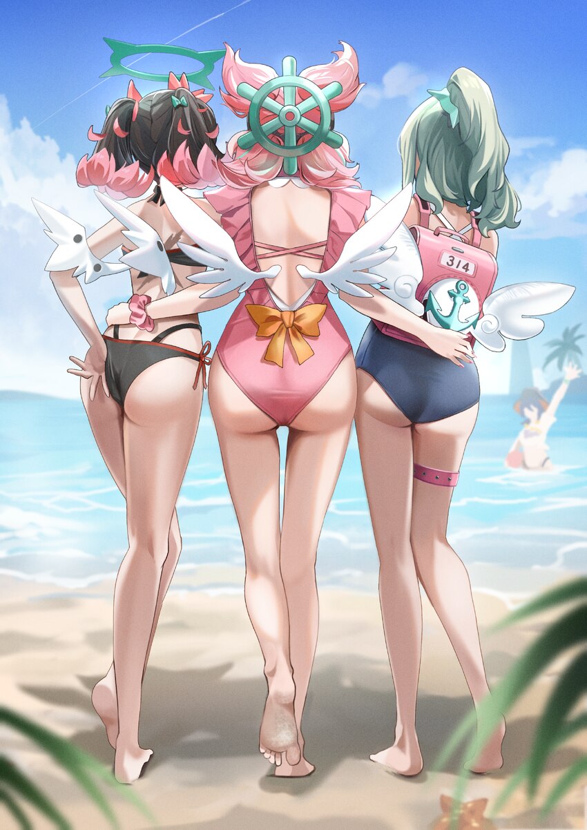 4girls absurdres achilles tendon angels of delusion ankle aria (human) (zenless zone zero) aria (zenless zone zero) ass backless swimsuit backpack ba…