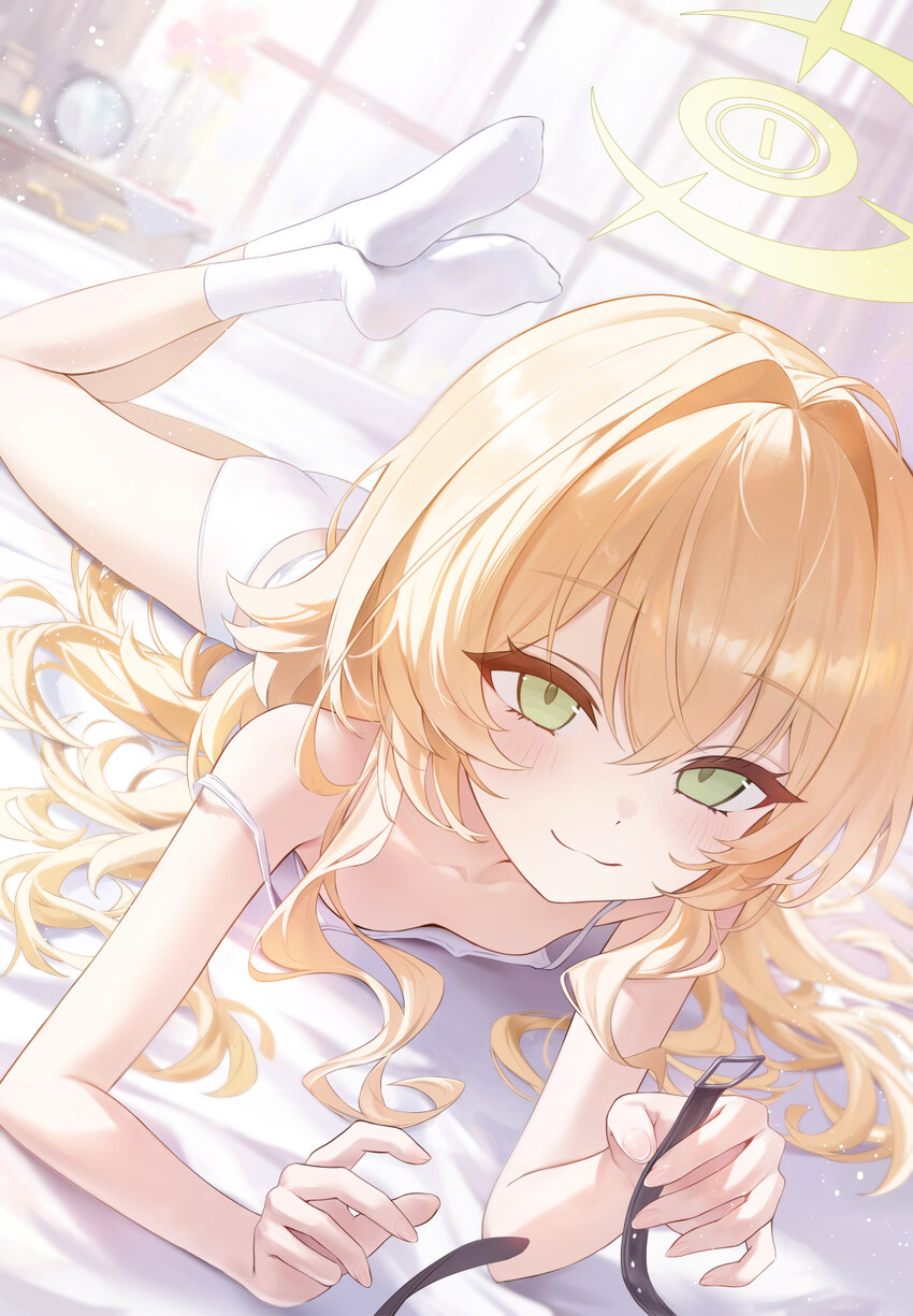1girl absurdres belt blonde hair blue archive blush bra breasts closed mouth commentary dated commentary downblouse feet up green eyes hair intakes h…