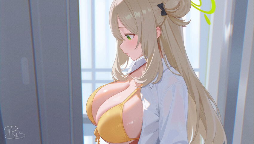 1girl absurdres ai-assisted artist logo bikini blue archive breasts brown hair cleavage commentary request commission green eyes green halo halo high…