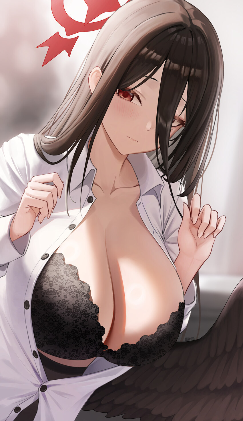 1girl absurdres black bra black hair black wings blue archive bra breasts cleavage closed mouth feathered wings hair between eyes halo hasumi (blue a…
